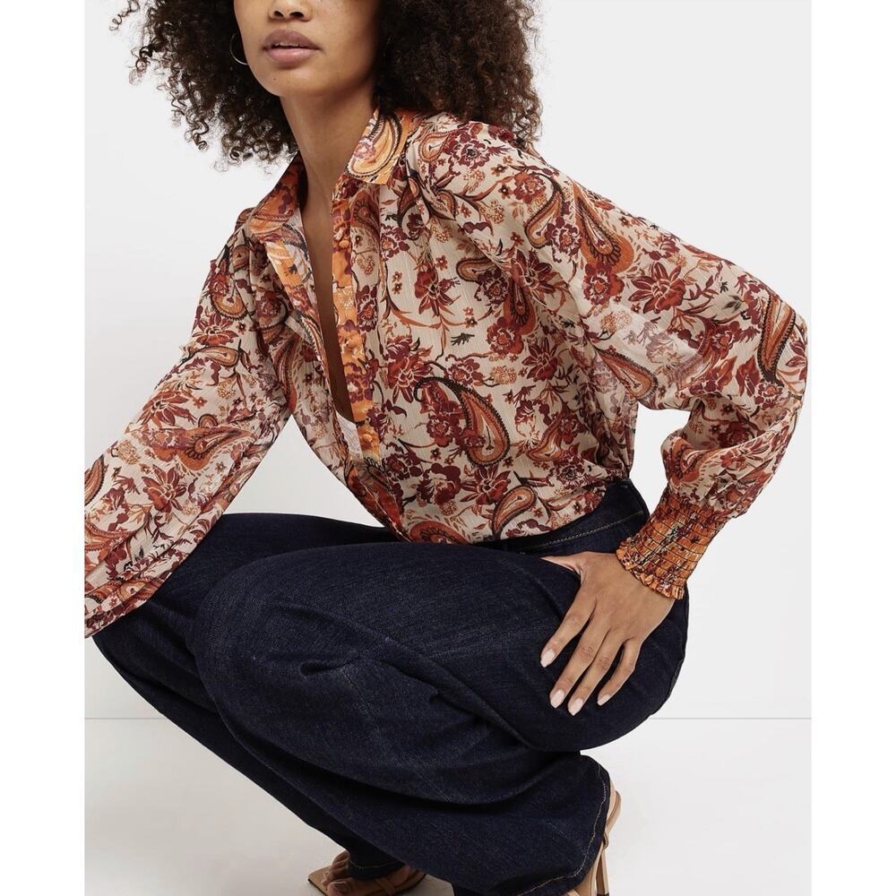 RIVER ISLAND Orange US 2 Paisley Sparkly Sheer Long Sleeve Blouse‎ 70s
